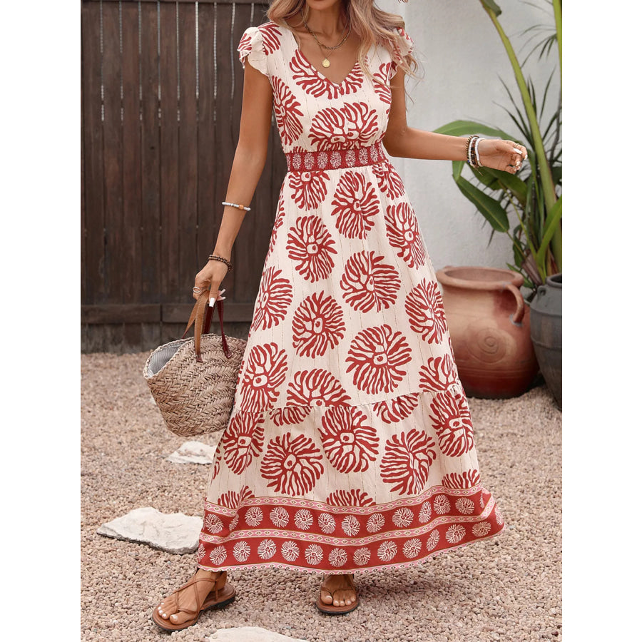 Printed V-Neck Cap Sleeve Dress Pink / S Apparel and Accessories