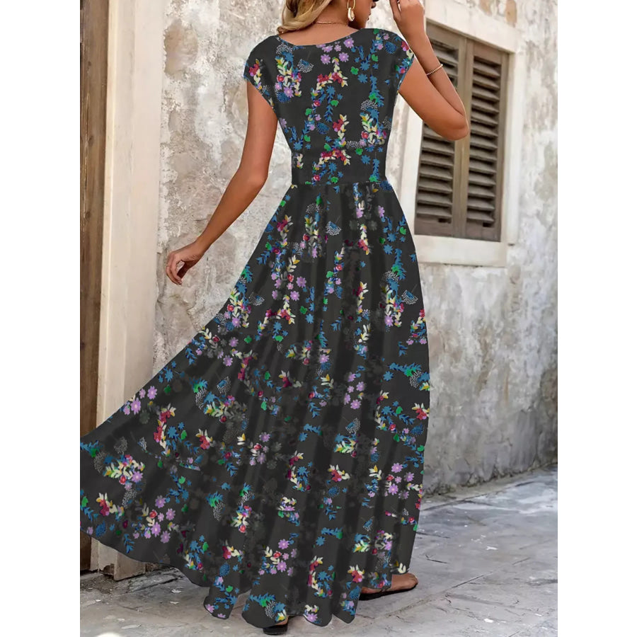 Printed V-Neck Cap Sleeve Maxi Dress Apparel and Accessories