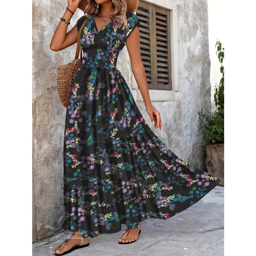 Printed V-Neck Cap Sleeve Maxi Dress Apparel and Accessories