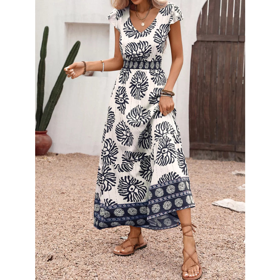 Printed V-Neck Cap Sleeve Maxi Dress Apparel and Accessories