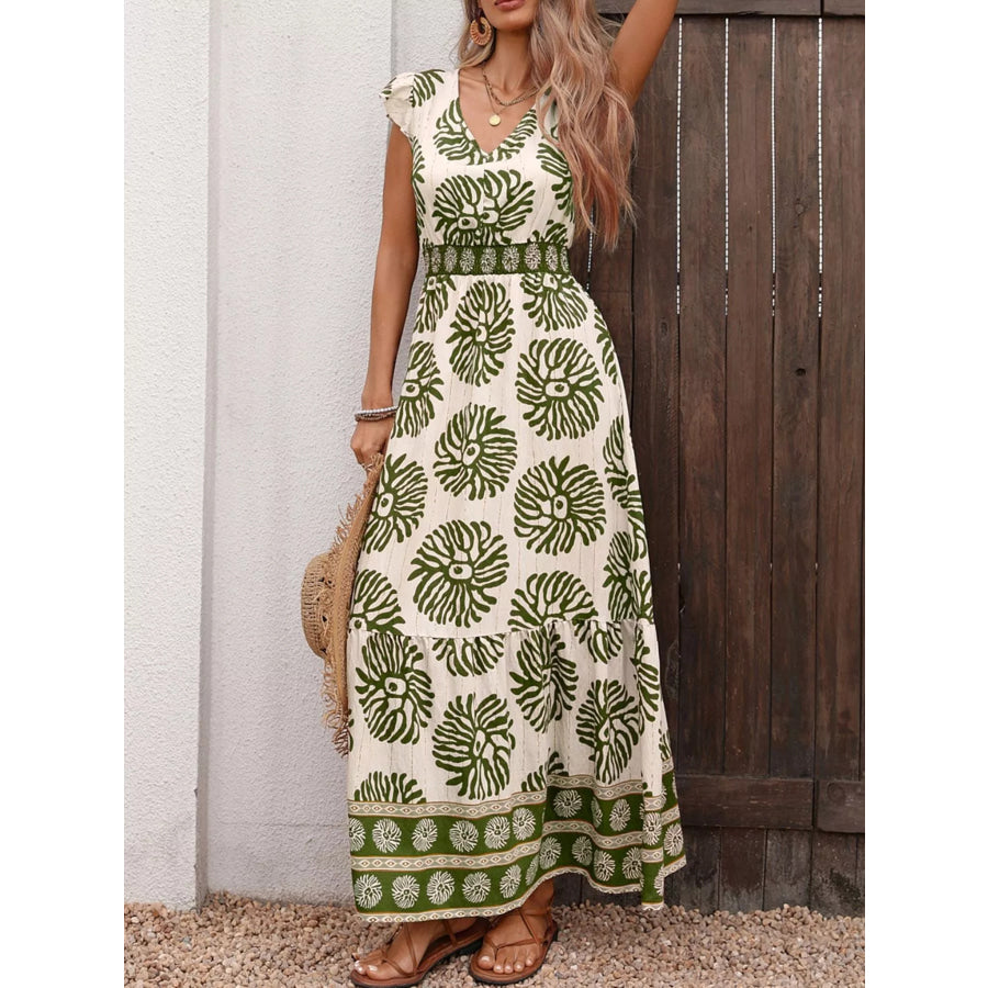 Printed V-Neck Cap Sleeve Maxi Dress Apparel and Accessories