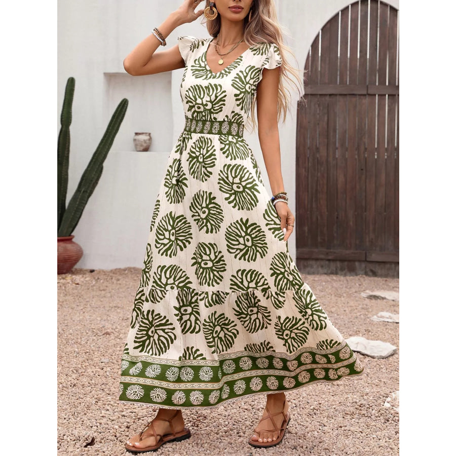 Printed V-Neck Cap Sleeve Maxi Dress Apparel and Accessories