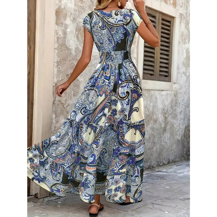 Printed V-Neck Cap Sleeve Maxi Dress Apparel and Accessories