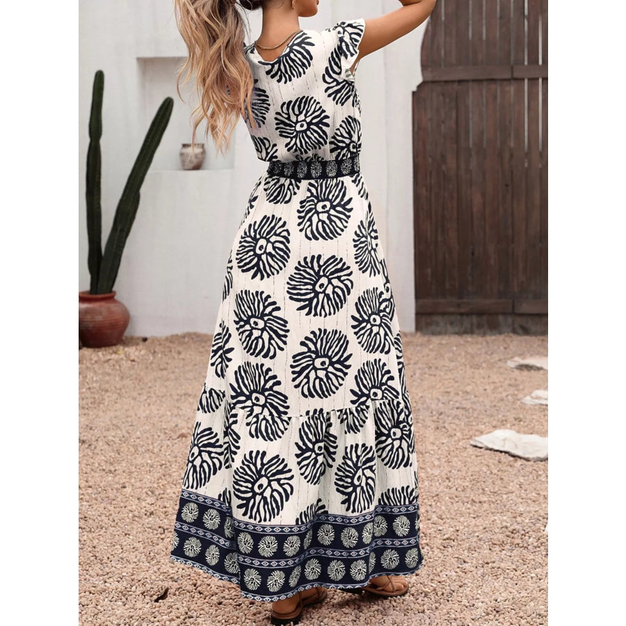 Printed V-Neck Cap Sleeve Maxi Dress Apparel and Accessories