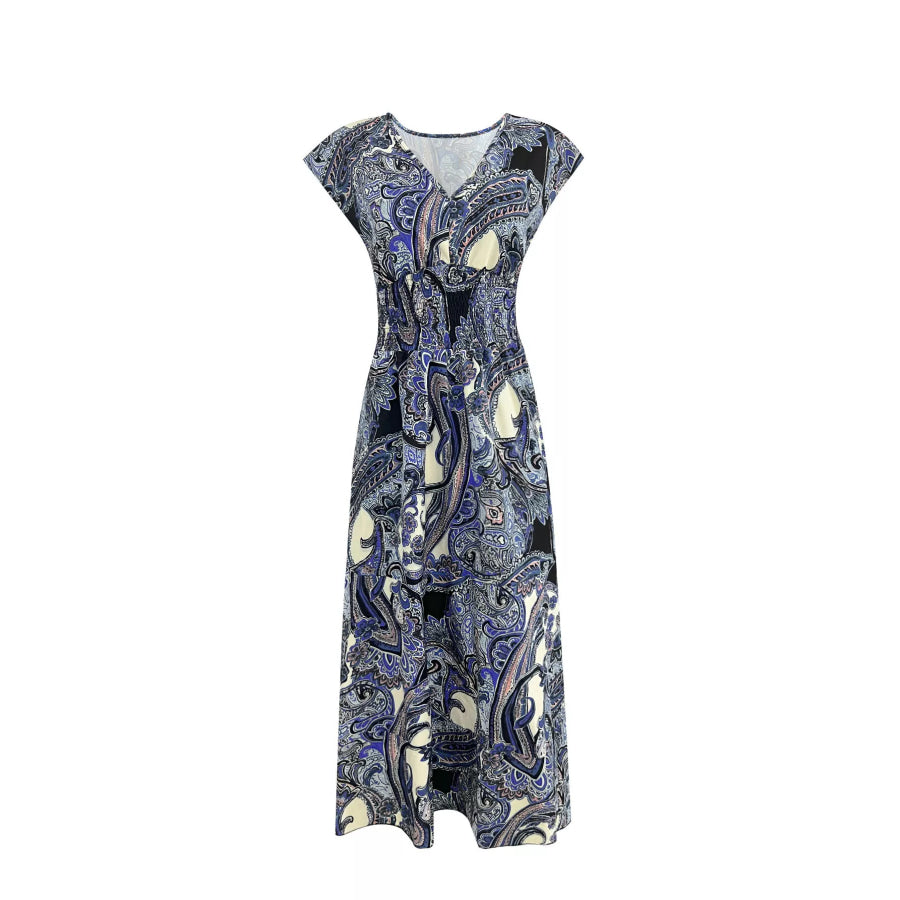 Printed V-Neck Cap Sleeve Maxi Dress Apparel and Accessories