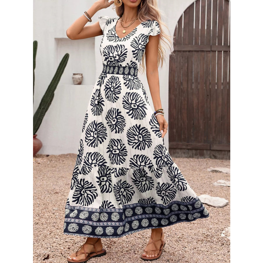 Printed V-Neck Cap Sleeve Maxi Dress Dark Blue / S Apparel and Accessories