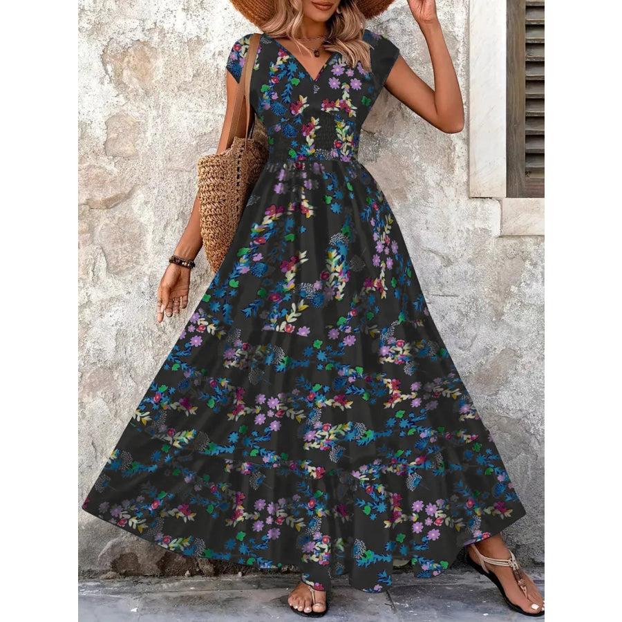 Printed V-Neck Cap Sleeve Maxi Dress Dark Navy / S Apparel and Accessories