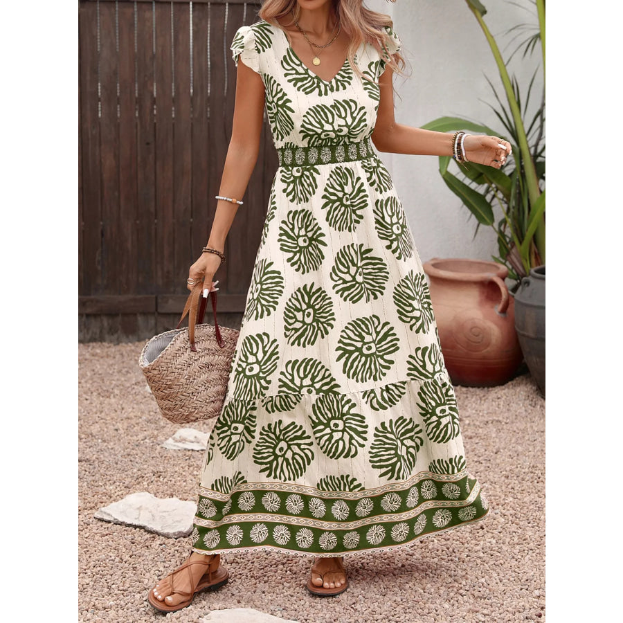 Printed V-Neck Cap Sleeve Maxi Dress Matcha Green / S Apparel and Accessories