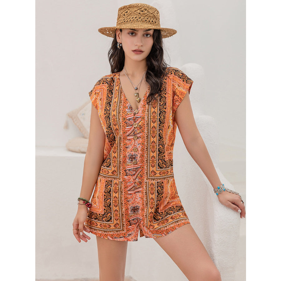 Printed V-Neck Cap Sleeve Romper Apparel and Accessories