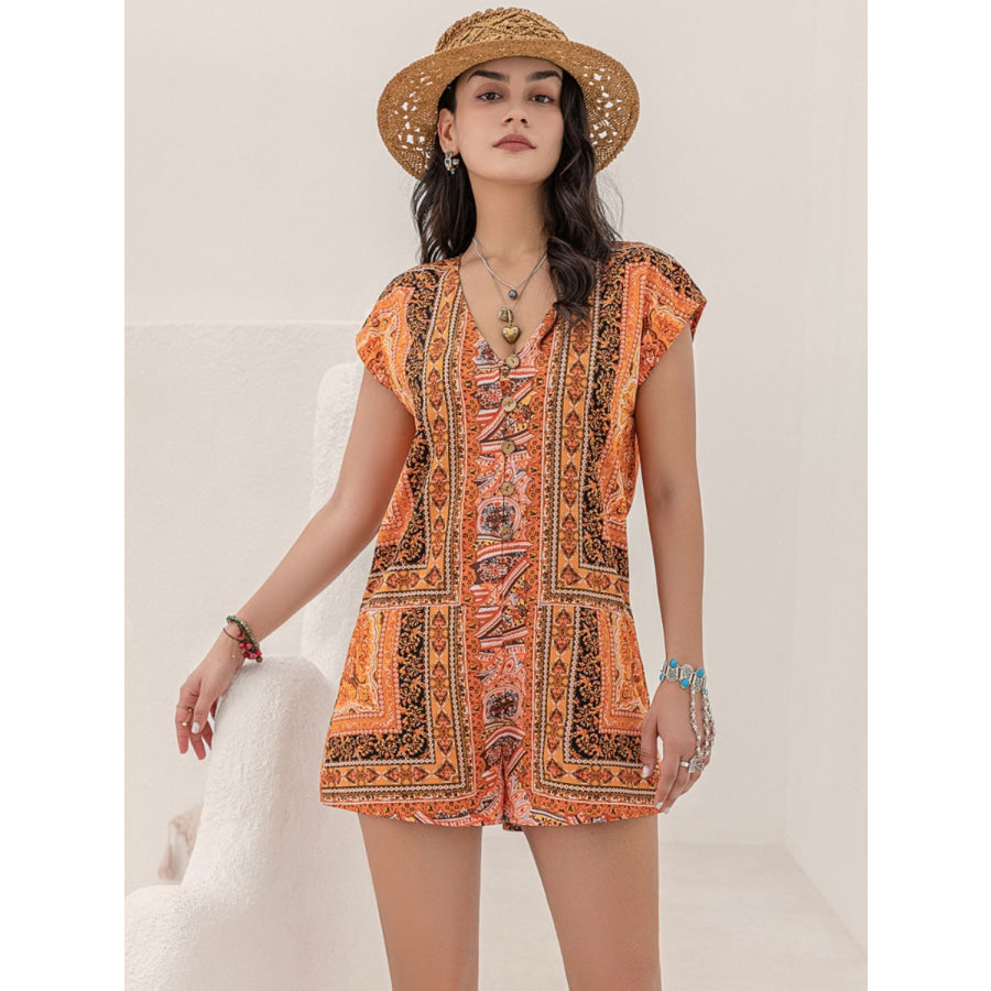 Printed V-Neck Cap Sleeve Romper Apparel and Accessories