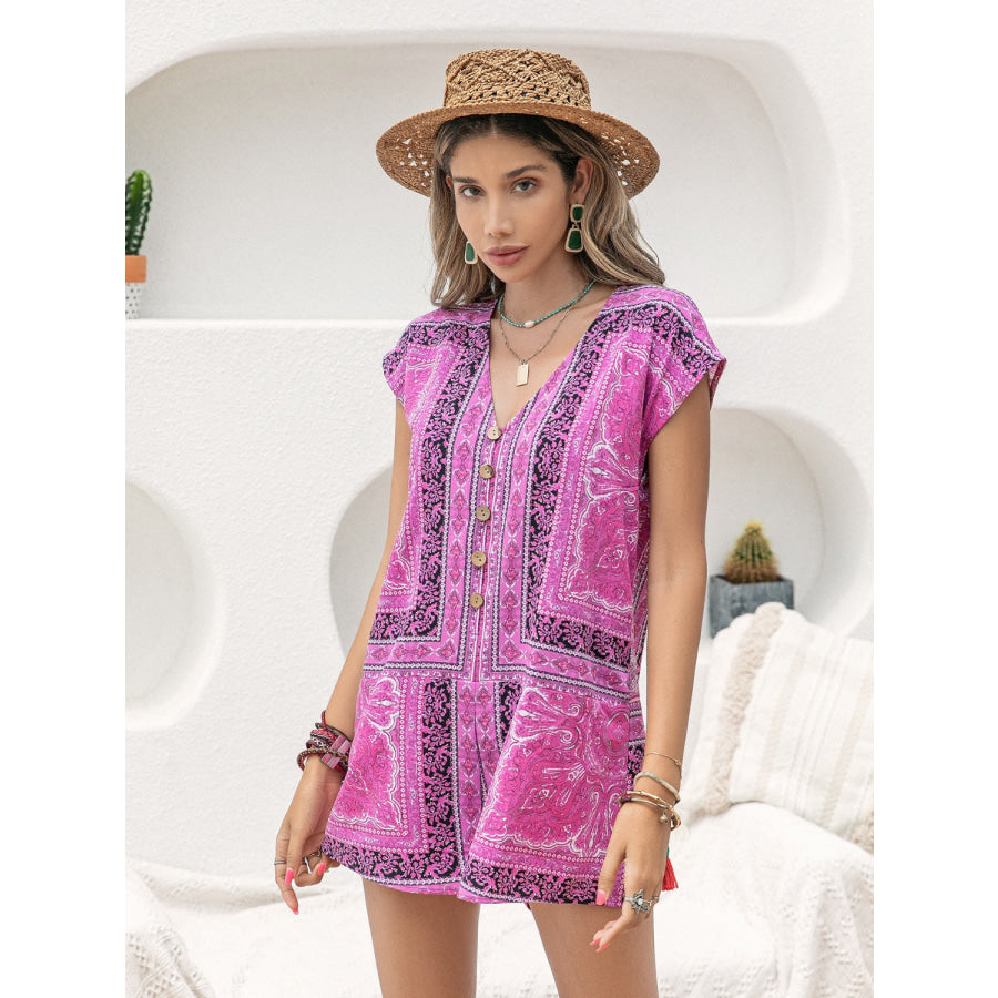 Printed V-Neck Cap Sleeve Romper Apparel and Accessories