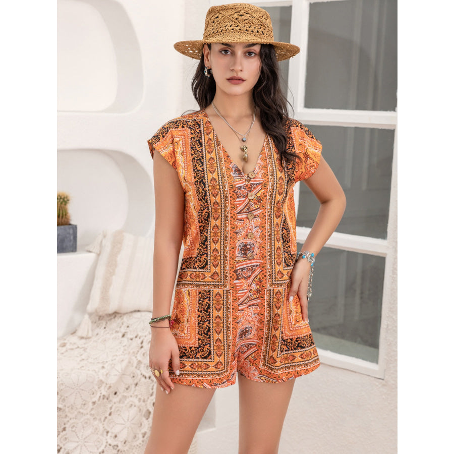 Printed V-Neck Cap Sleeve Romper Sherbet / S Apparel and Accessories
