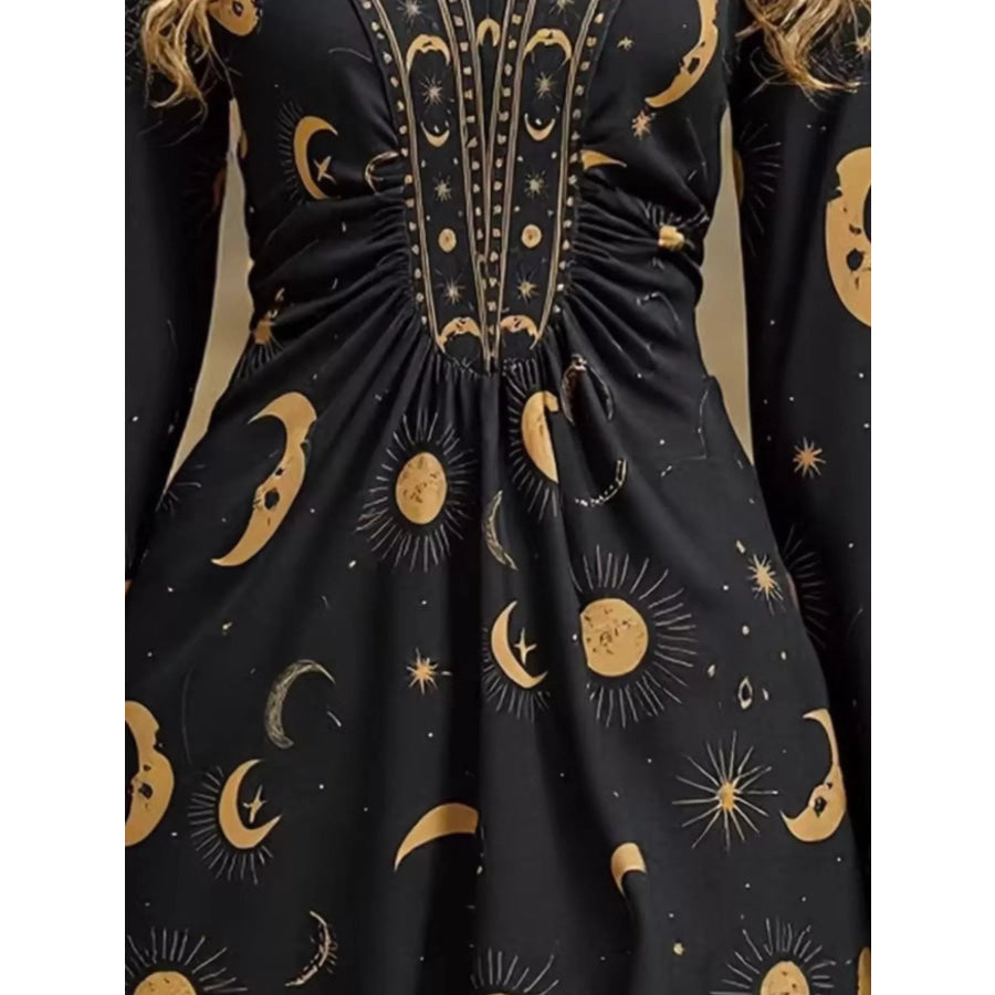 Printed V-Neck Flare Sleeve Dress Apparel and Accessories