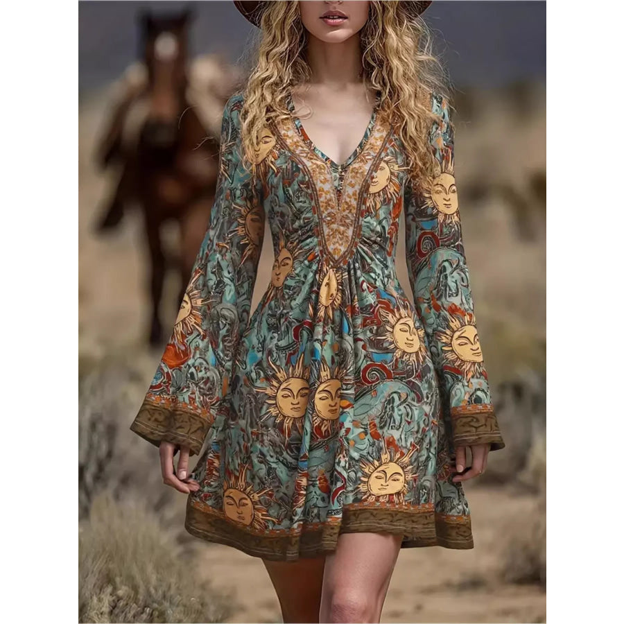 Printed V-Neck Flare Sleeve Dress Sage / S Apparel and Accessories
