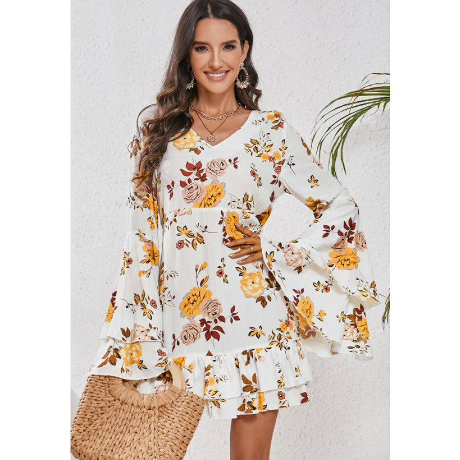 Printed V-Neck Flare Sleeve Mini Dress Apparel and Accessories