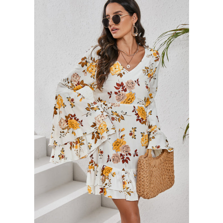 Printed V-Neck Flare Sleeve Mini Dress Apparel and Accessories