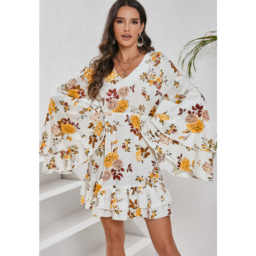 Printed V-Neck Flare Sleeve Mini Dress Apparel and Accessories