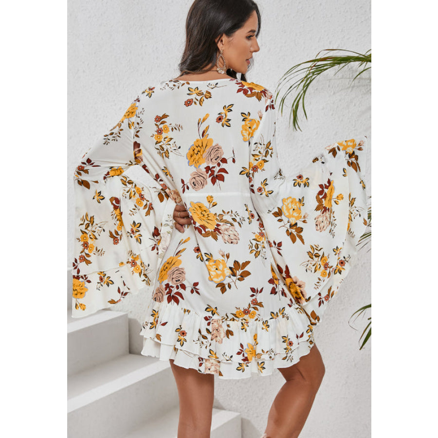 Printed V-Neck Flare Sleeve Mini Dress Apparel and Accessories