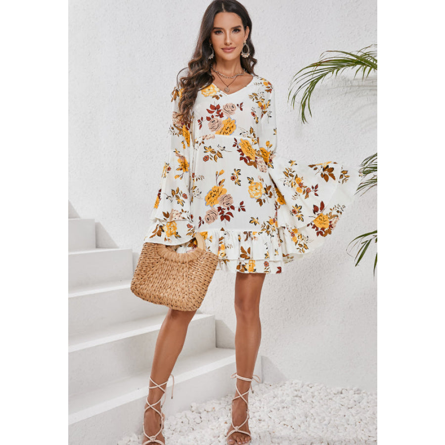 Printed V-Neck Flare Sleeve Mini Dress Apparel and Accessories