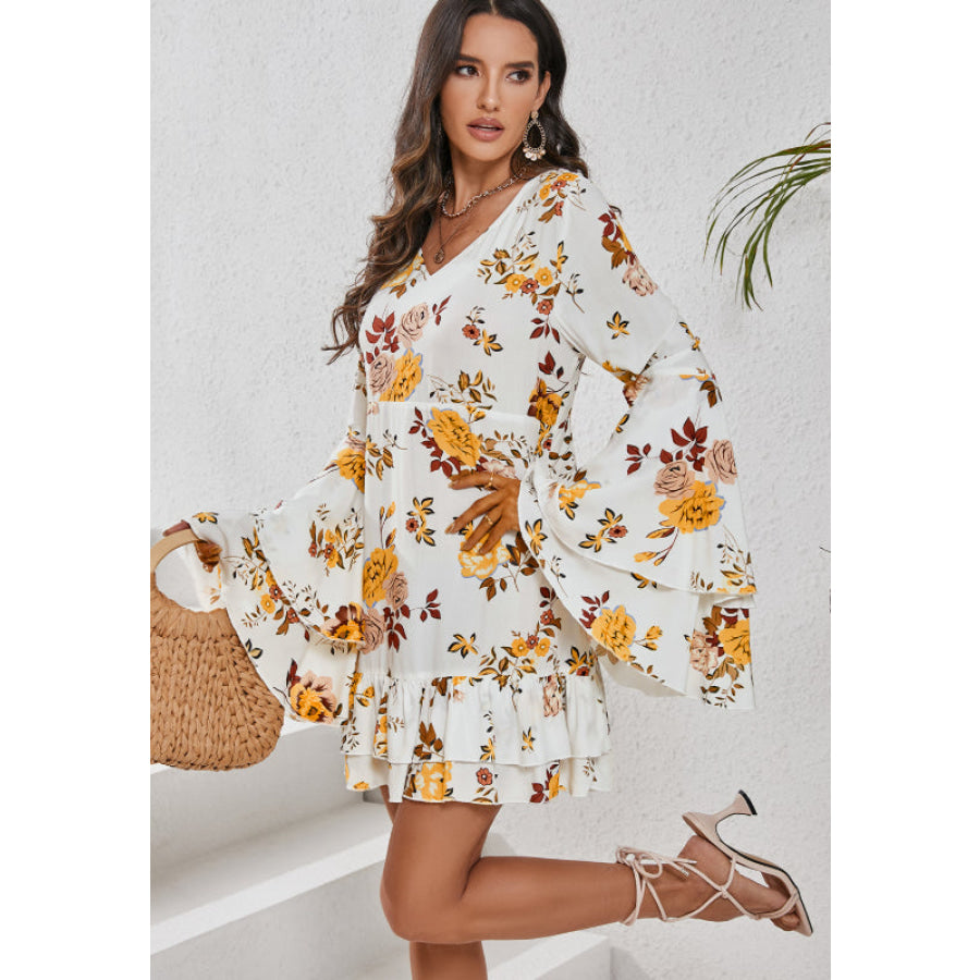 Printed V-Neck Flare Sleeve Mini Dress Apparel and Accessories