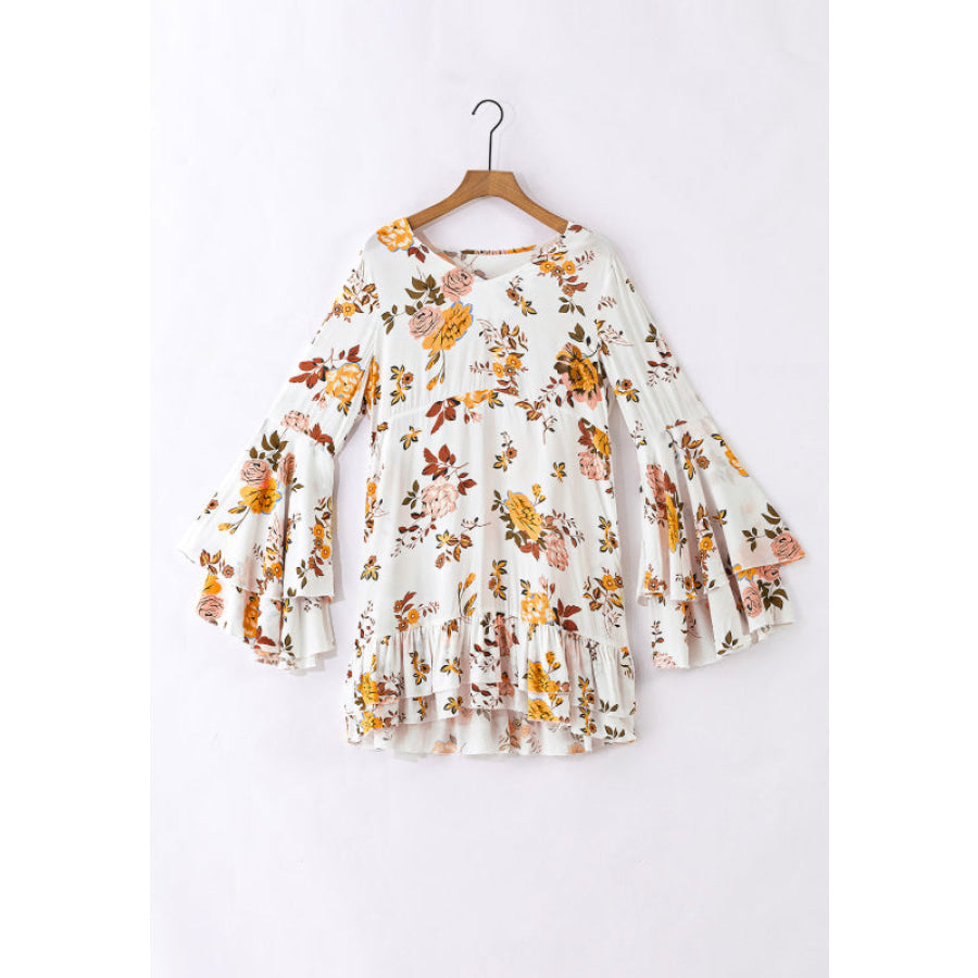 Printed V-Neck Flare Sleeve Mini Dress Apparel and Accessories