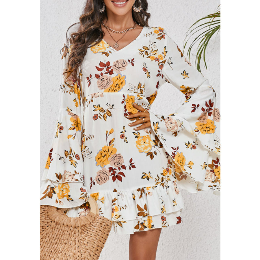 Printed V-Neck Flare Sleeve Mini Dress Sherbet / S Apparel and Accessories