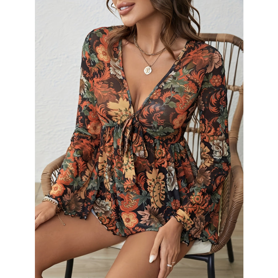 Printed V-Neck Flare Sleeve Top Apparel and Accessories