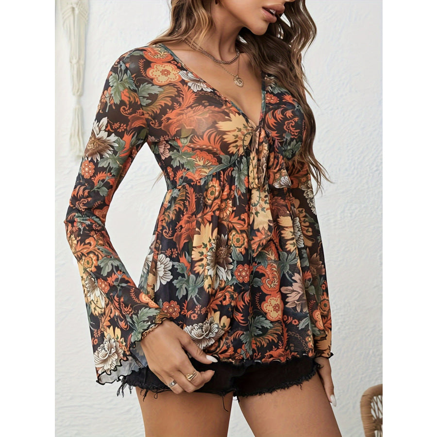 Printed V-Neck Flare Sleeve Top Apparel and Accessories