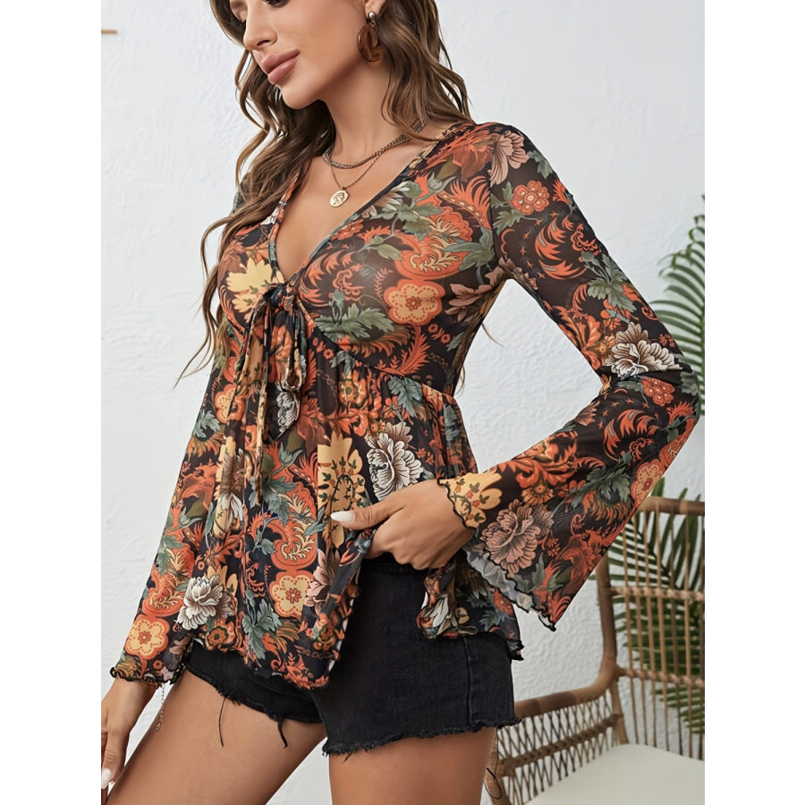 Printed V-Neck Flare Sleeve Top Apparel and Accessories