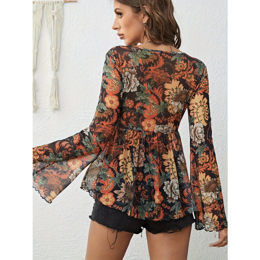 Printed V-Neck Flare Sleeve Top Apparel and Accessories