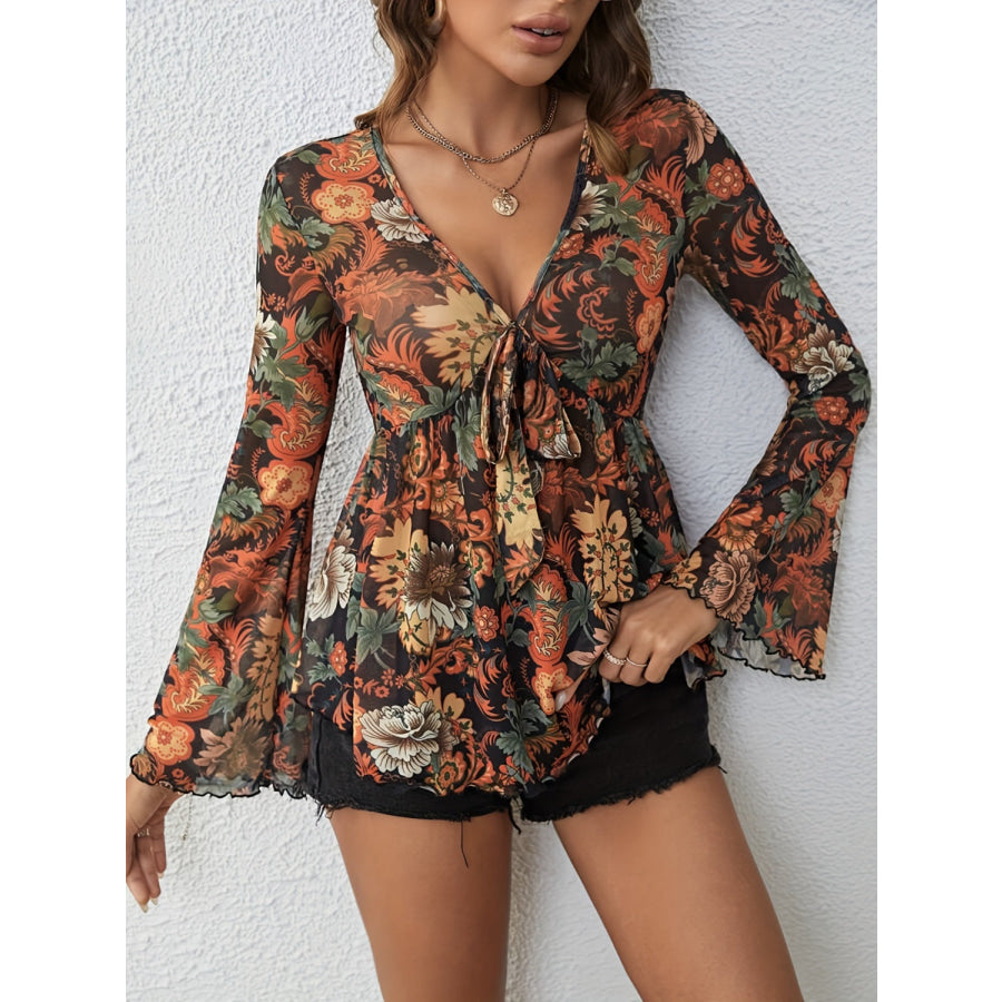 Printed V-Neck Flare Sleeve Top Black / S Apparel and Accessories