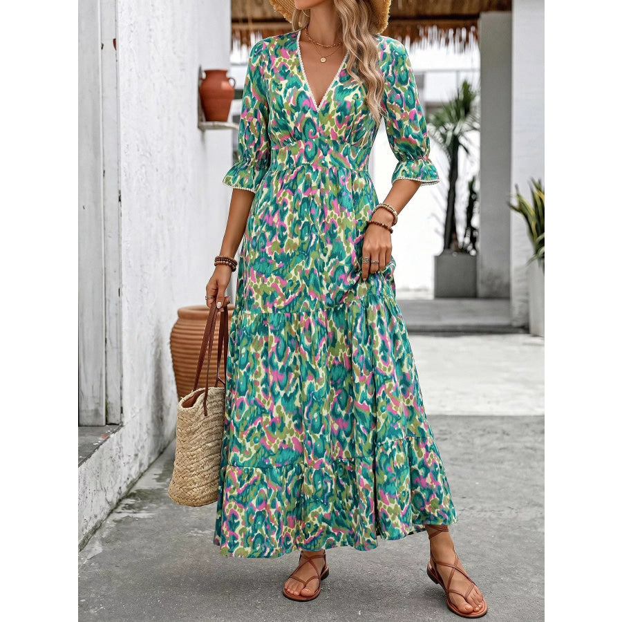Printed V-Neck Flounce Sleeve Dress Apparel and Accessories