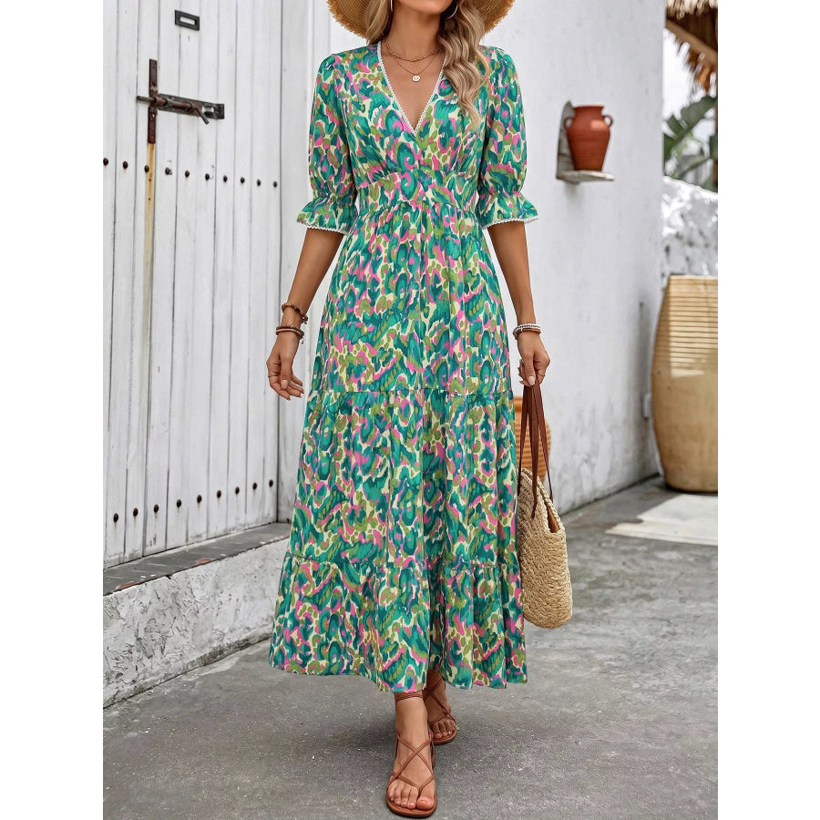 Printed V-Neck Flounce Sleeve Dress Apparel and Accessories