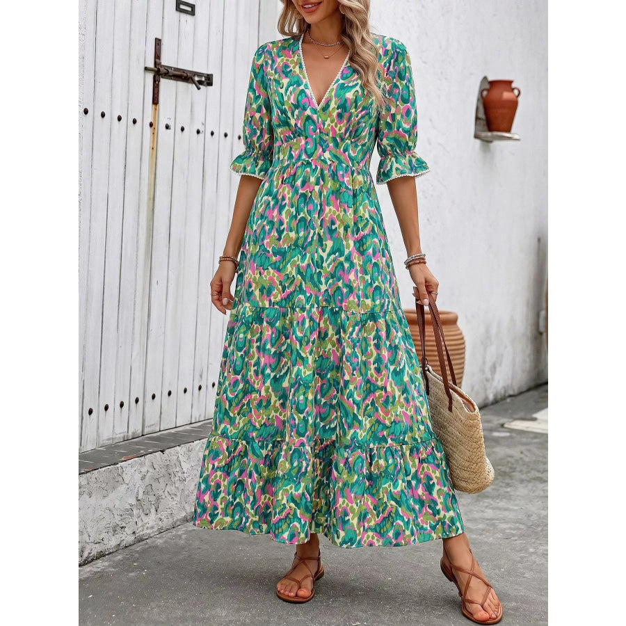 Printed V-Neck Flounce Sleeve Dress Apparel and Accessories