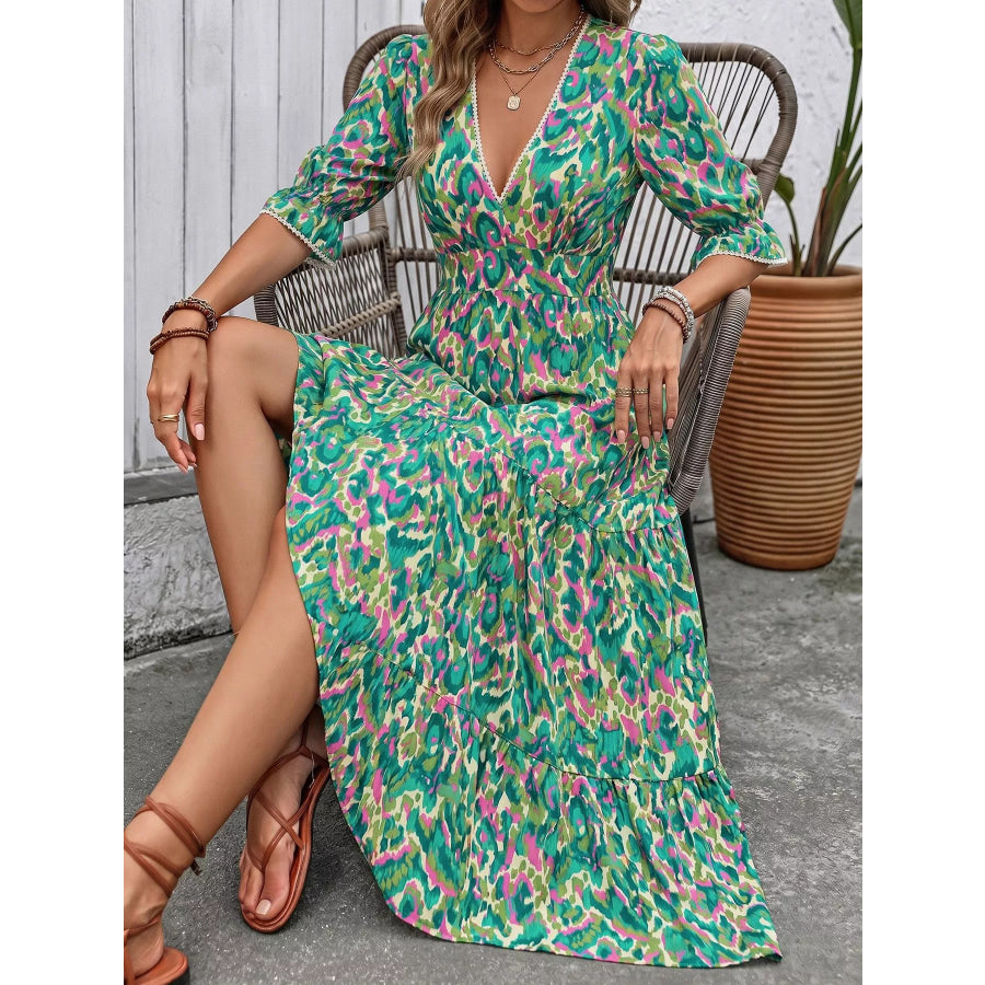 Printed V-Neck Flounce Sleeve Dress Apparel and Accessories