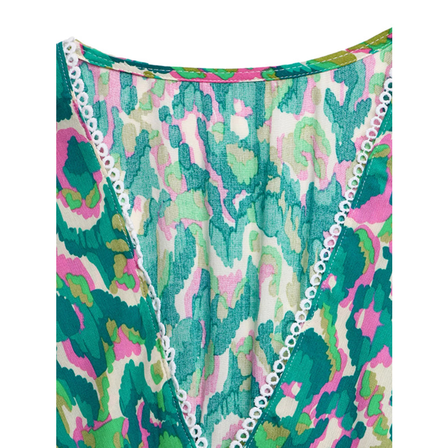 Printed V-Neck Flounce Sleeve Dress Apparel and Accessories