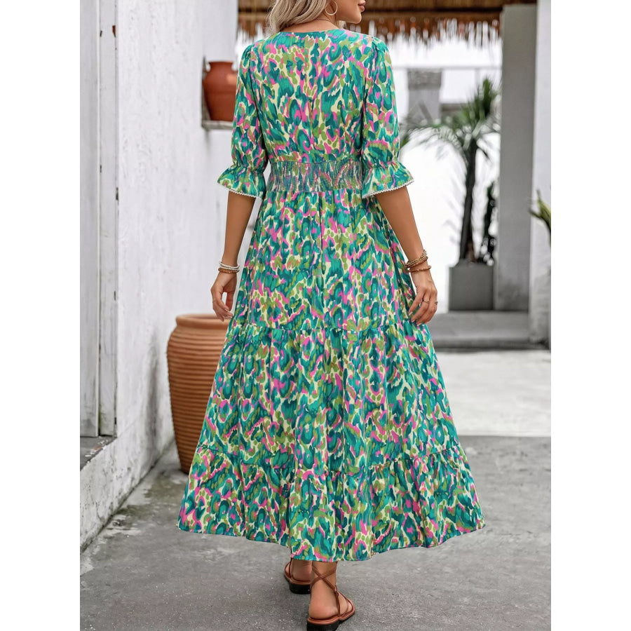 Printed V-Neck Flounce Sleeve Dress Apparel and Accessories