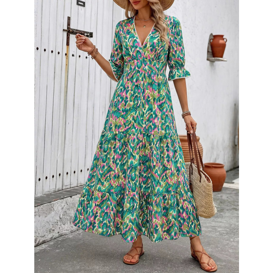 Printed V-Neck Flounce Sleeve Dress Green / S Apparel and Accessories
