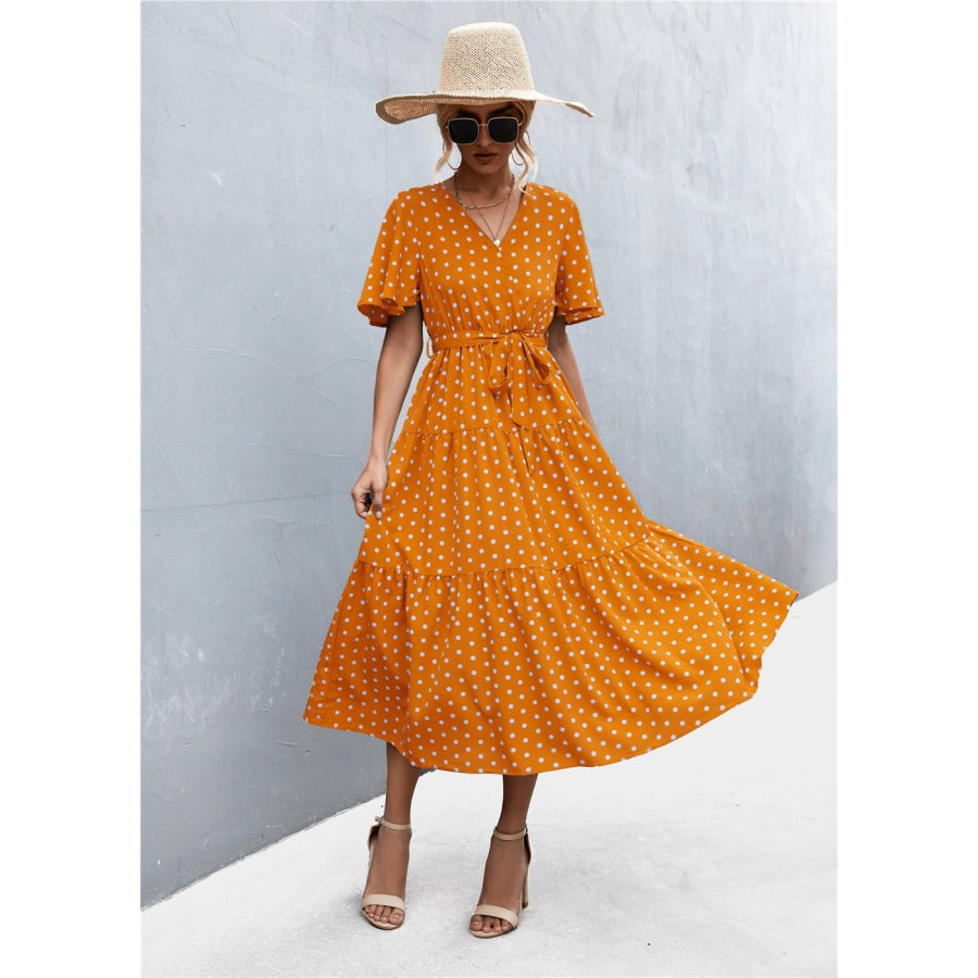 Printed V-Neck Flutter Sleeve Belted Dress Tangerine / S