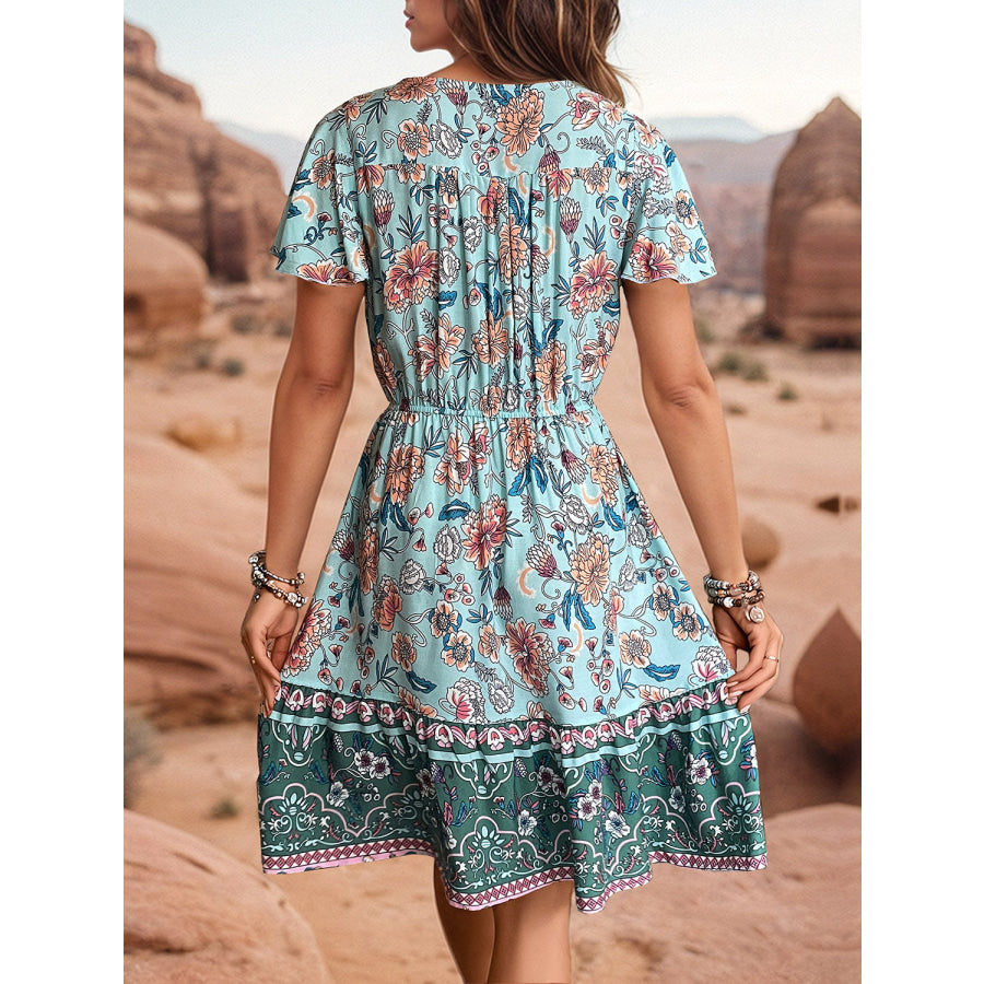 Printed V - Neck Flutter Sleeve Dress Apparel and Accessories