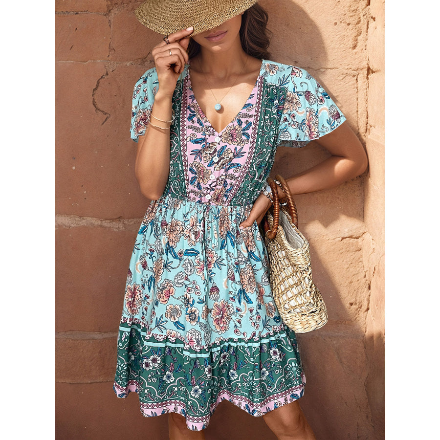 Printed V - Neck Flutter Sleeve Dress Apparel and Accessories