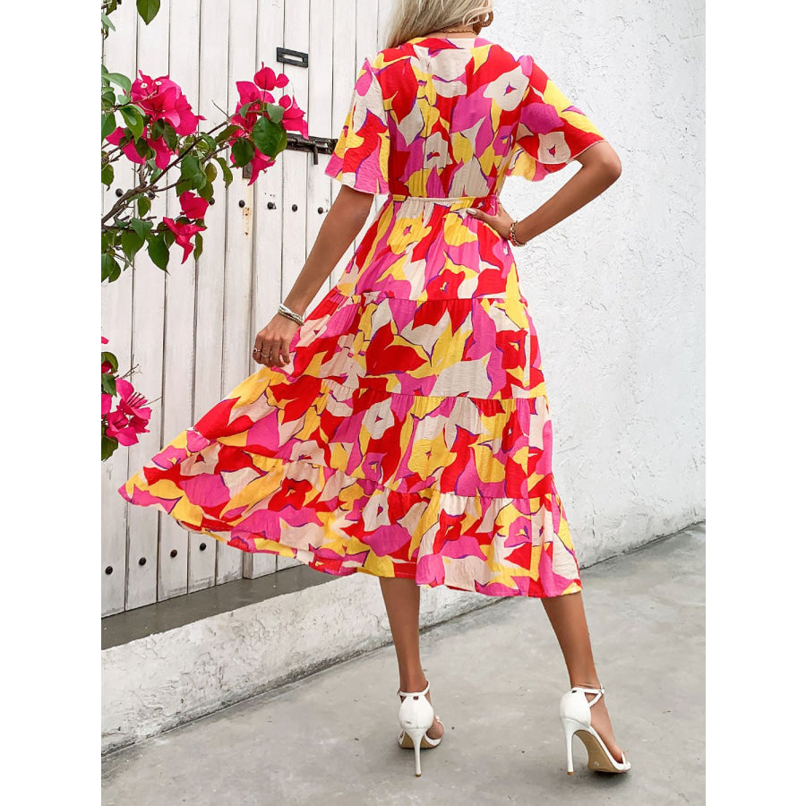 Printed V-Neck Flutter Sleeve Midi Dress Multicolor / S Apparel and Accessories