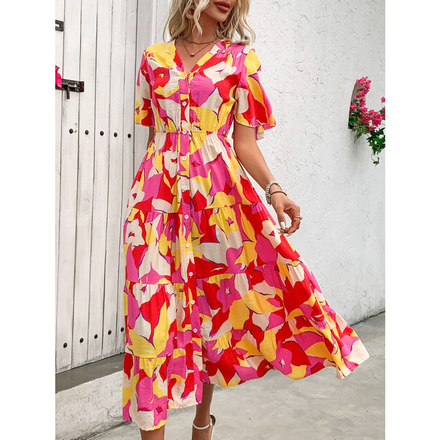 Printed V-Neck Flutter Sleeve Midi Dress Multicolor / S Apparel and Accessories