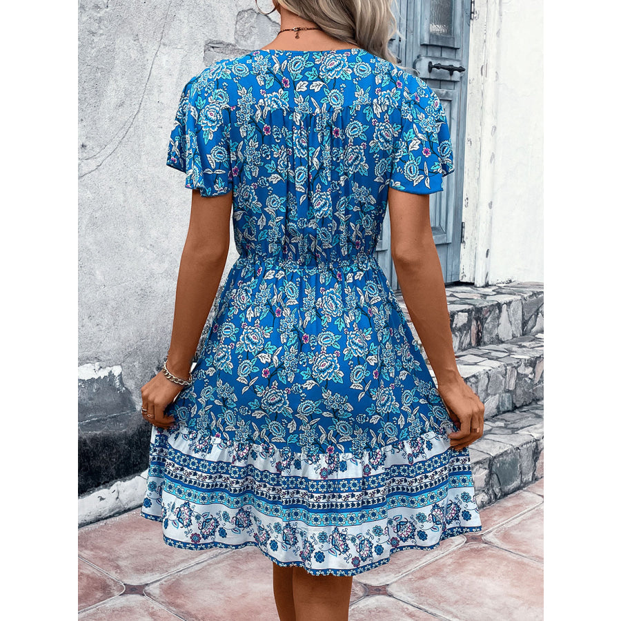Printed V-Neck Flutter Sleeve Mini Dress Sky Blue / S Apparel and Accessories