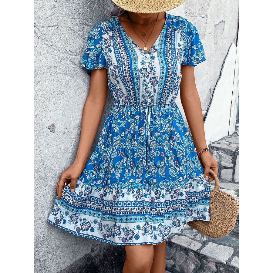 Printed V-Neck Flutter Sleeve Mini Dress Apparel and Accessories