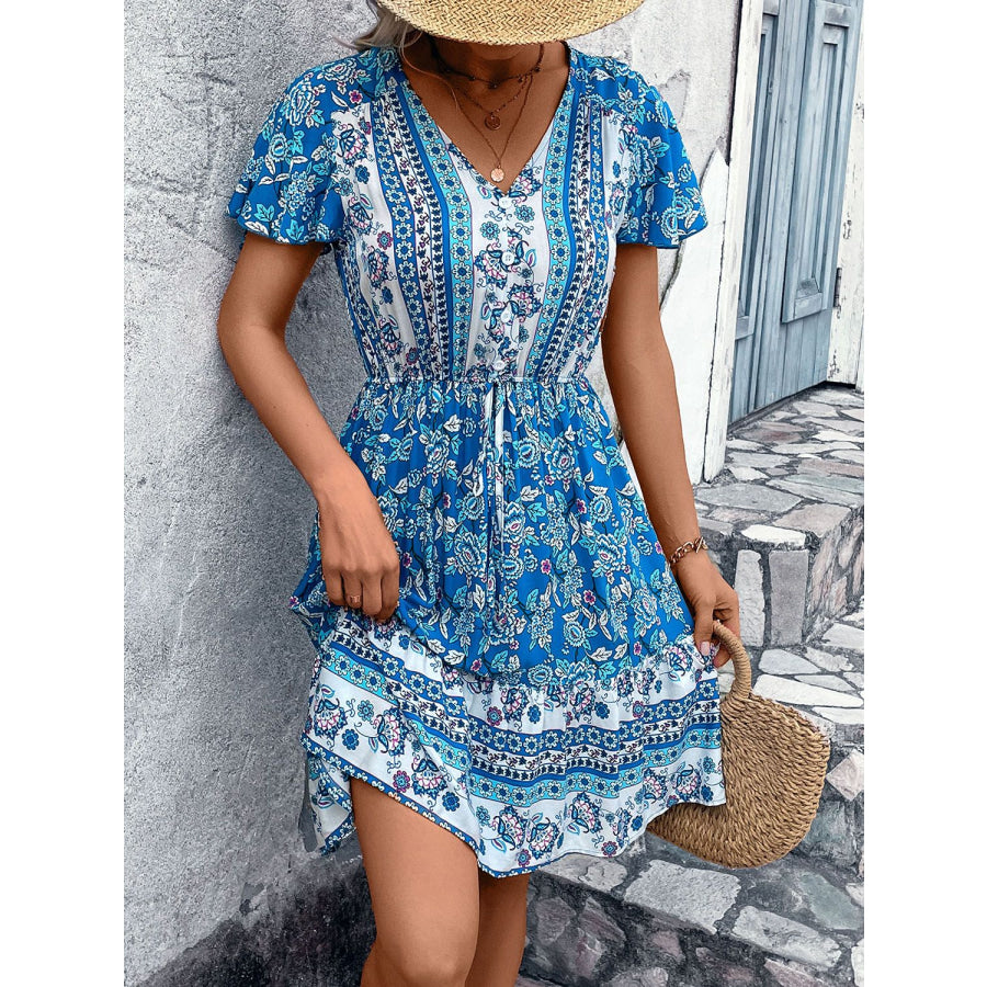 Printed V-Neck Flutter Sleeve Mini Dress Apparel and Accessories