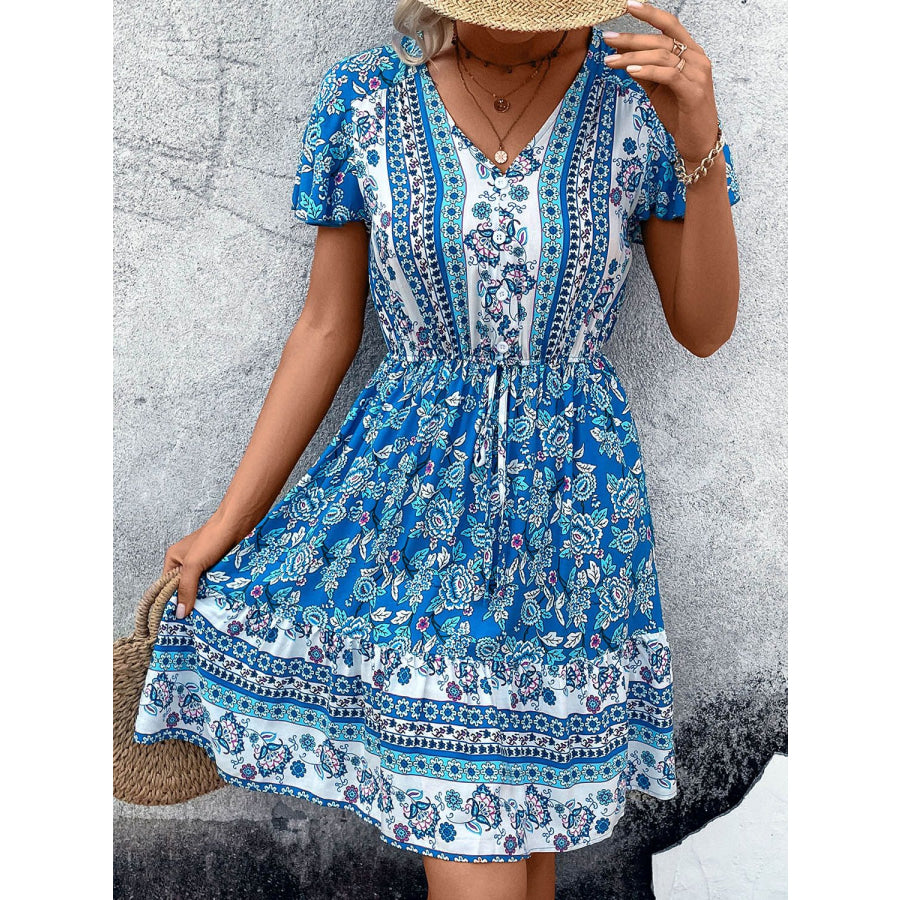 Printed V-Neck Flutter Sleeve Mini Dress Sky Blue / S Apparel and Accessories