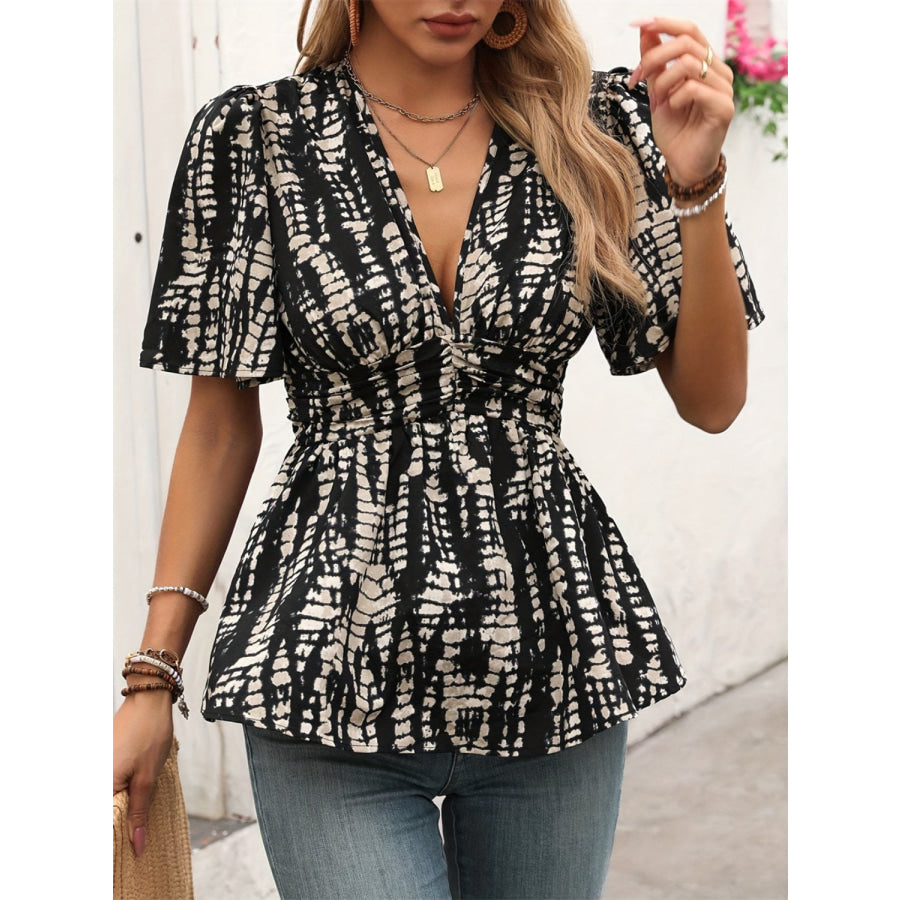 Printed V-Neck Half Sleeve Blouse Black / S Apparel and Accessories