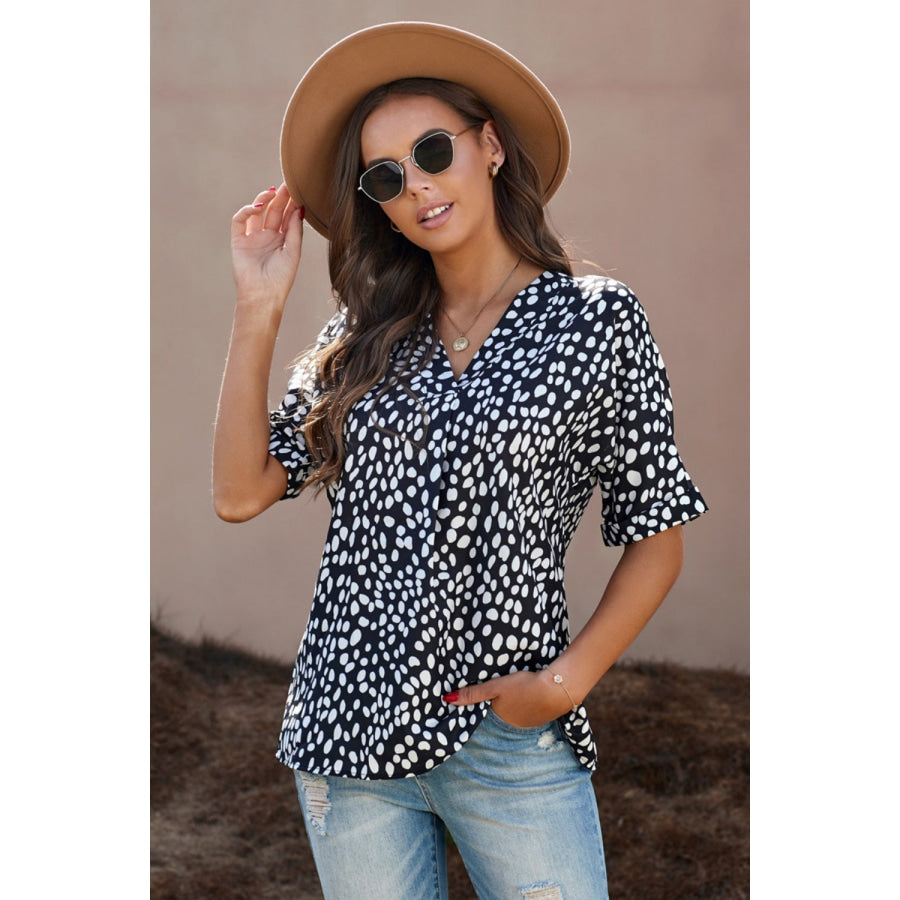 Printed V-Neck Half Sleeve Blouse Black / S Apparel and Accessories