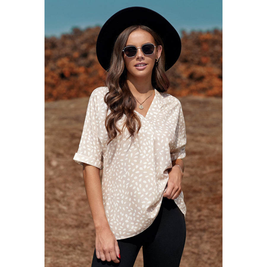 Printed V-Neck Half Sleeve Blouse Dust Storm / S Apparel and Accessories